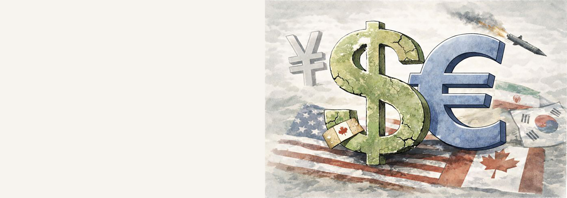 Das Bild zeigt die Symbole der Währungen Yen (¥), Dollar ($) und Euro (€) vor einer Collage verschiedener Flaggen, darunter die von China, den USA, Südkorea, der Europäischen Union und Kanada. Auf dem Bild ist auch eine Rakete oder ein Flugzeug zu sehen.