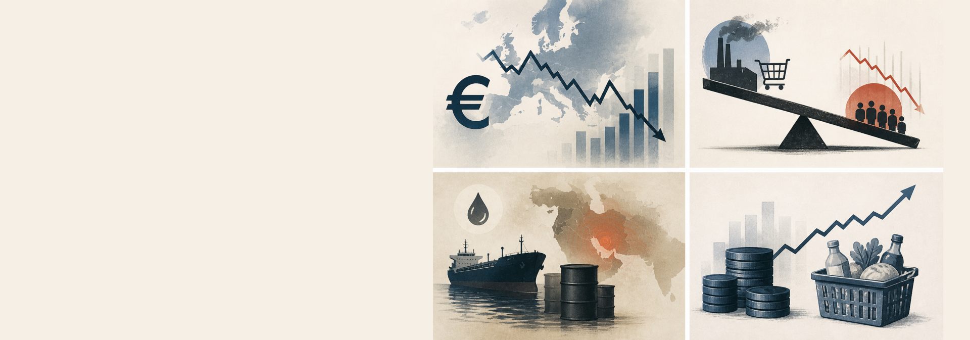 Das Bild stellt verschiedene wirtschaftliche Themen dar. Es enthält:

1. Eine europäische Karte mit einem fallenden Graphen und einem Euro-Zeichen, das möglicherweise auf wirtschaftliche Unsicherheiten oder Probleme in Europa hinweist.
2. Eine Waage mit einem Einkaufswagen und Menschen, die eine Überlegung über Konsum und Bevölkerung darstellen könnte.
3. Einen Tanker neben Öltropfen und Wirtschaftsgrafiken, was auf den Handel mit Rohstoffen, insbesondere Öl, hinweisen könnte.
4. Einen positiv steigenden Graphen neben einem Warenkorb und Münzen, das auf wirtschaftliches Wachstum oder Inflation hinweisen könnte.