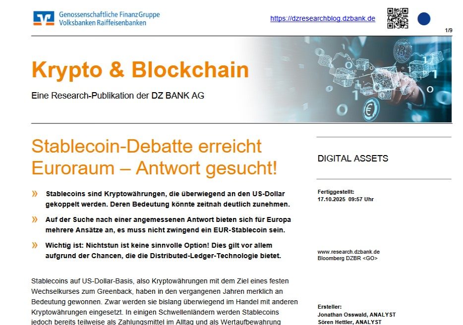 Das Bild stellt das Deckblatt oder eine Seite aus einer Publikation der DZ BANK AG mit dem Titel "Krypto & Blockchain" dar. Es handelt sich hierbei um eine Research-Publikation, die sich mit der Thematik der Stablecoins innerhalb des Euro-Raums auseinandersetzt. Der Fokus liegt auf der Diskussion über mögliche Auswirkungen und Antworten auf die Debatte um Kryptowährungen, insbesondere Stablecoins, und deren künftige Rolle im europäischen Finanzprodukt. Der Begleittext weist darauf hin, dass Stablecoins als Kryptowährungen dienen und oft an den US-Dollar gekoppelt werden, ihre Bedeutung jedoch über die USA hinaus auch für Europa relevant werden könnte. Zusätzlich wird auf den Einfluss auf den Euro-Raum hingewiesen und die Notwendigkeit für europäische Lösungsansätze herausgestellt.