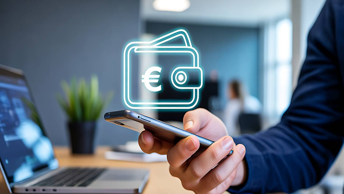Das Bild zeigt eine Person, die ein Smartphone in der Hand hält. Im Vordergrund ist das Symbol einer digitalen Geldbörse mit einem Euro-Zeichen zu sehen, das einen Zusammenhang mit mobilem Bezahlen oder digitalen Zahlungsmethoden darstellt. Im Hintergrund sieht man einen Laptop und eine Pflanze, was auf eine Büroumgebung hindeutet.
