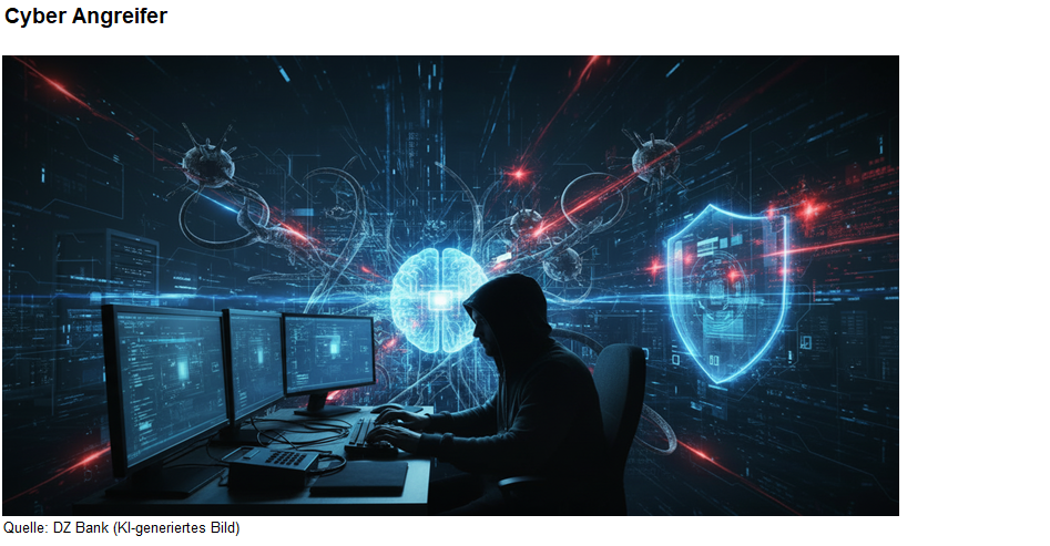 Das Bild stellt einen Cyber-Angreifer dar. Es zeigt eine Person, die vor mehreren Bildschirmen sitzt und in eine digitale Umgebung eingebettet ist, die durch Symbole wie Netzwerke, Schutzschilder und Codes dargestellt wird. Es vermittelt das Thema Cybersicherheit und Hacking.