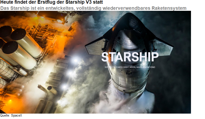 Das Bild zeigt das Starship V3, ein weiterentwickeltes, vollständig wiederverwendbares Raketenstartsystem. Es wird für den Erstflug vorbereitet oder dargestellt.