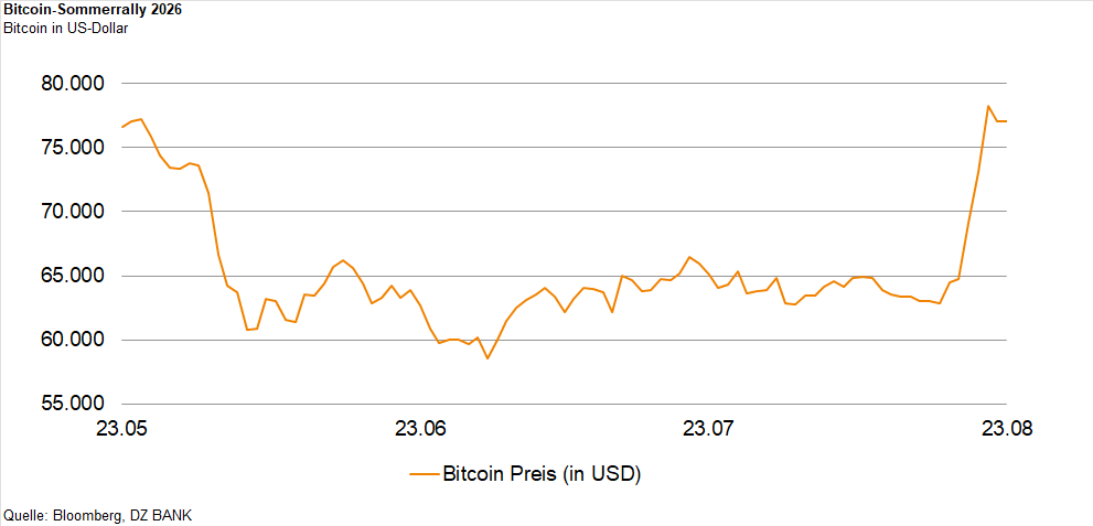Das Bild zeigt ein Liniendiagramm, das den Verlauf des Bitcoin-Preises (in US-Dollar) über einen Zeitraum von Mitte Juni bis Ende August darstellt. Die Y-Achse zeigt den Preis in US-Dollar (zwischen 65.000 und 80.000 USD), die X-Achse die Zeiträume. Man erkennt, dass der Bitcoin-Preis zunächst fällt, dann längere Zeit seitwärts verläuft und am Ende stark ansteigt.